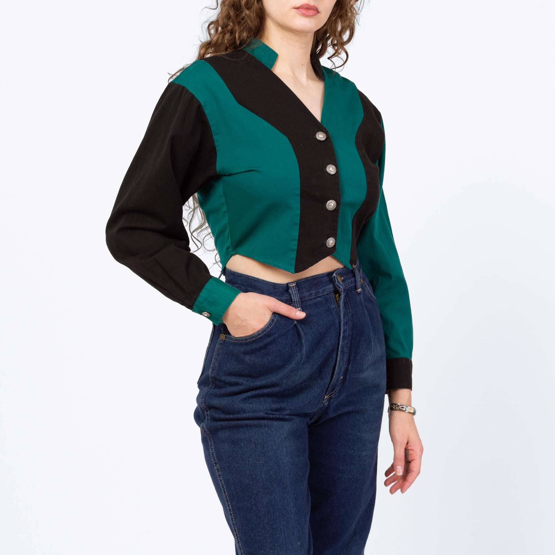 Vintage 90s Western Teal & Black Color Block Crop Top - Small | Banjo Texas Long Sleeve Collared Cropped Shirt