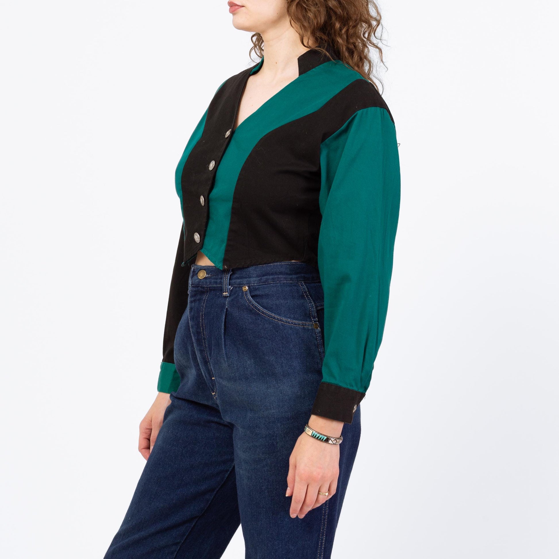 Vintage 90s Western Teal & Black Color Block Crop Top - Small | Banjo Texas Long Sleeve Collared Cropped Shirt