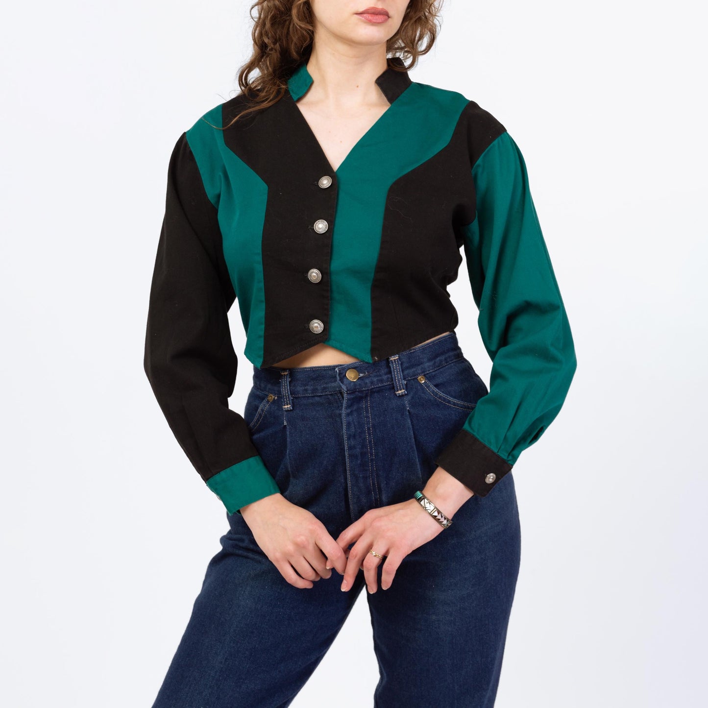 Vintage 90s Western Teal & Black Color Block Crop Top - Small | Banjo Texas Long Sleeve Collared Cropped Shirt