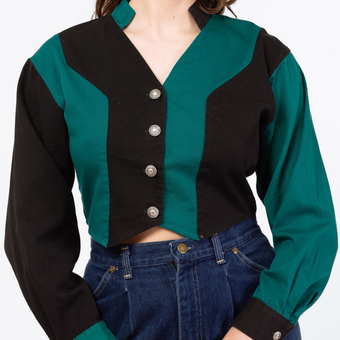 Vintage 90s Western Teal & Black Color Block Crop Top - Small | Banjo Texas Long Sleeve Collared Cropped Shirt