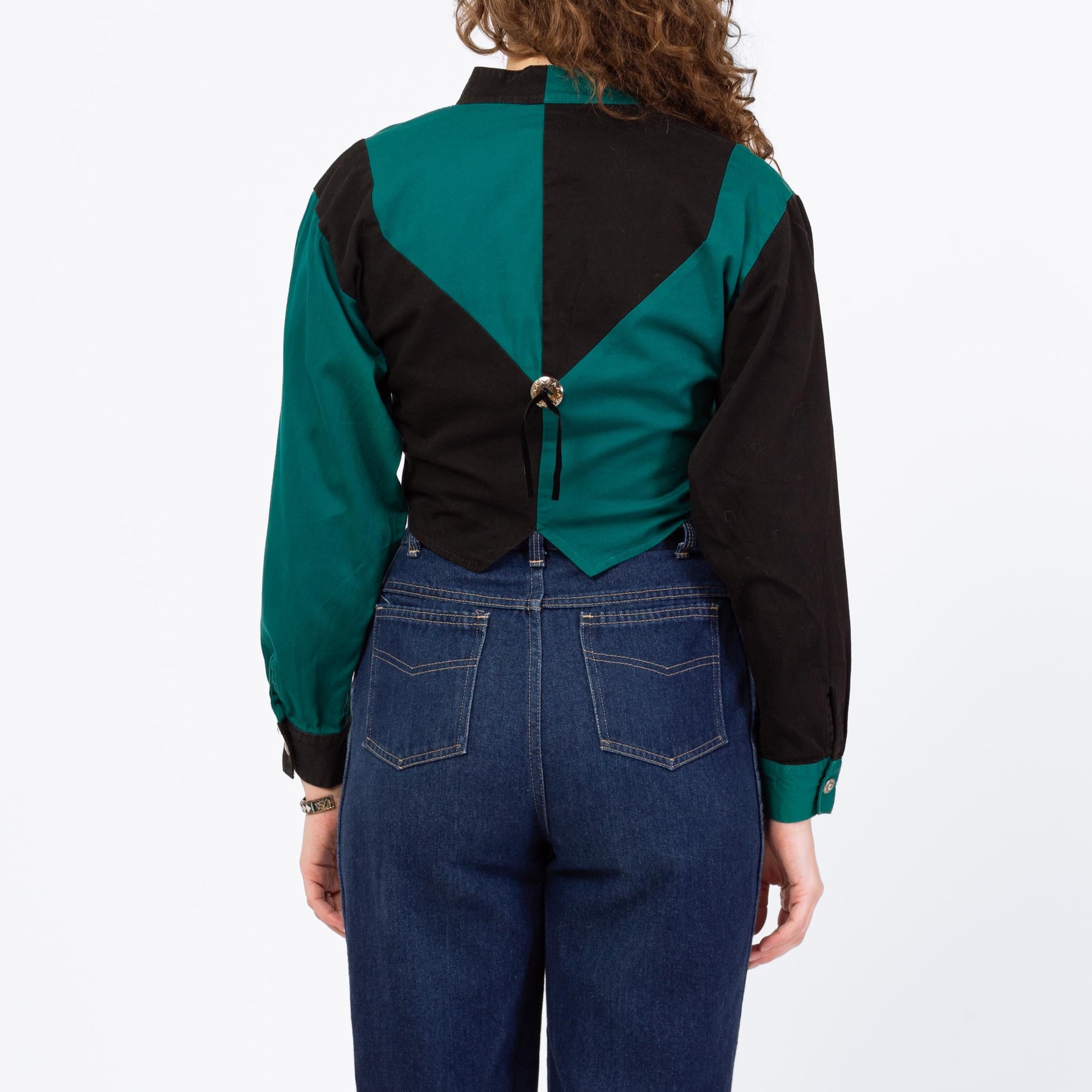 Vintage 90s Western Teal & Black Color Block Crop Top - Small | Banjo Texas Long Sleeve Collared Cropped Shirt