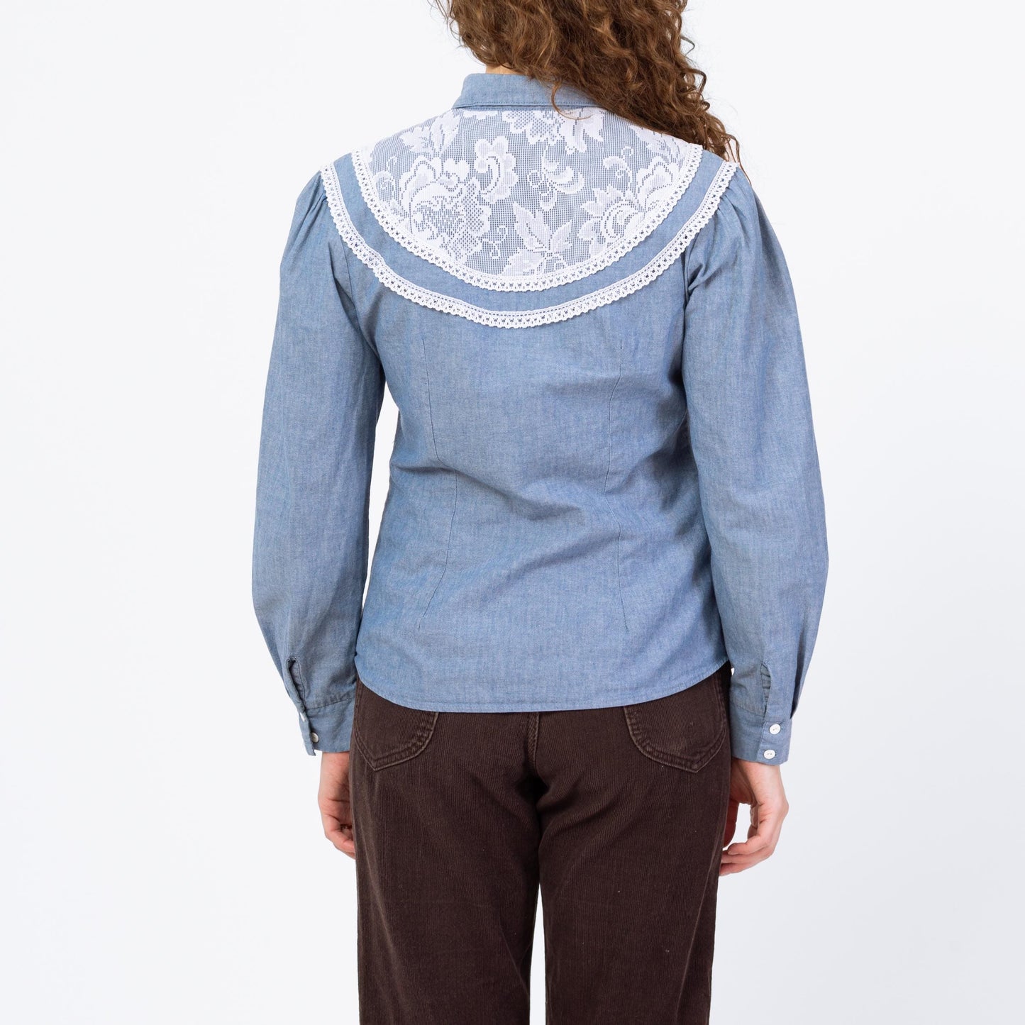 Vintage 70s Chambray Lace Yoke Western Shirt - Medium | Boho Collared Button Up Prairie Top