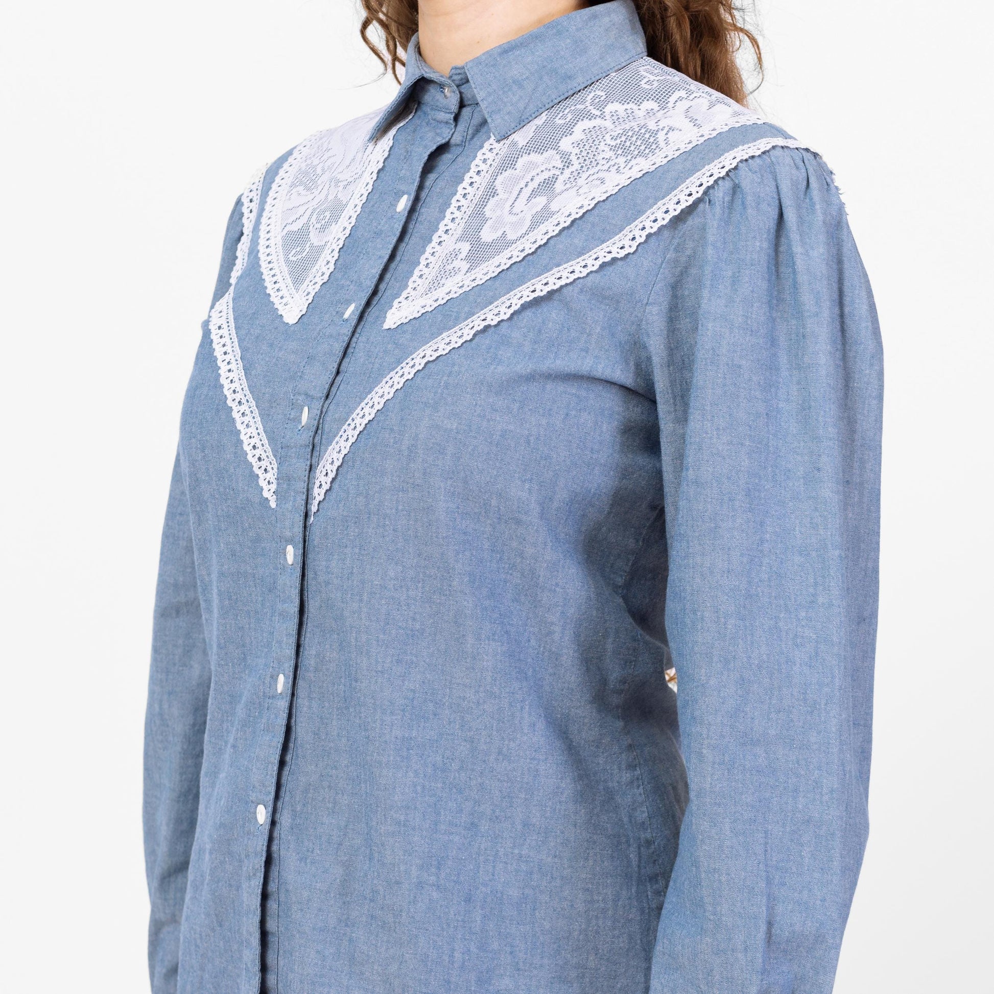Vintage 70s Chambray Lace Yoke Western Shirt - Medium | Boho Collared Button Up Prairie Top