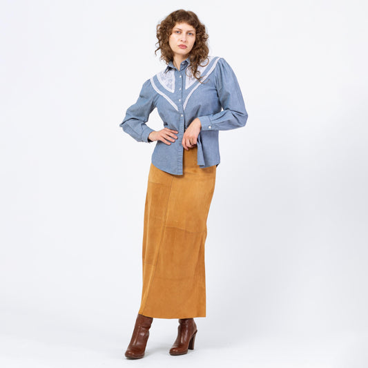 Vintage 90s Boho Tan Suede Patchwork Maxi Skirt - Medium, 29"-30" Waist | Soft Leather High Waisted A Line Long Western Skirt