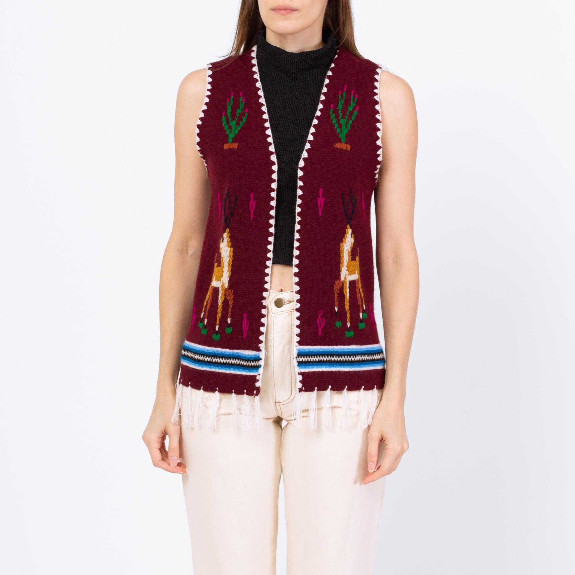 Vintage 70s Boho Deer & Cactus Knit Sweater Vest - Small | Plum Purple Western Fringe Hippie Top