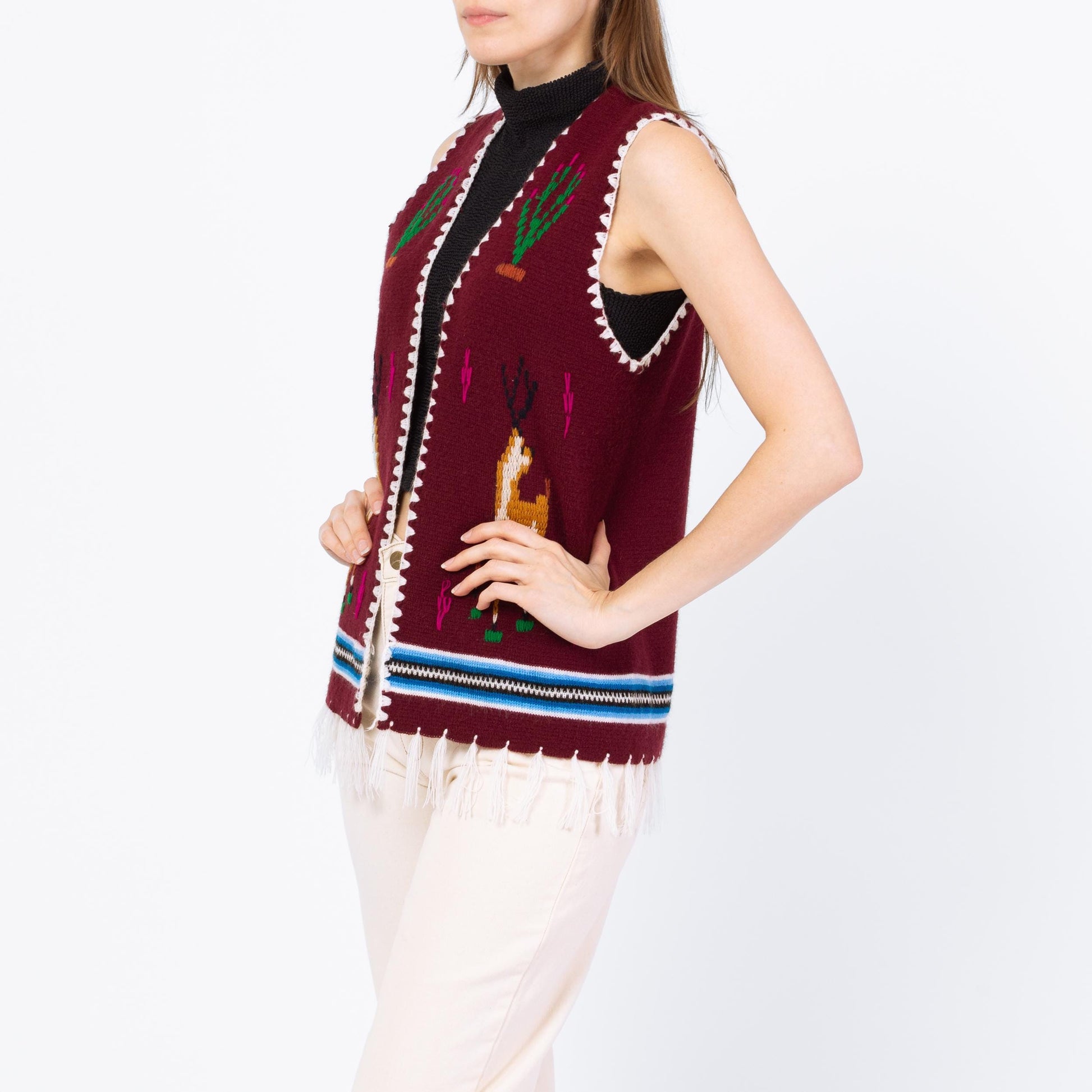 Vintage 70s Boho Deer & Cactus Knit Sweater Vest - Small | Plum Purple Western Fringe Hippie Top