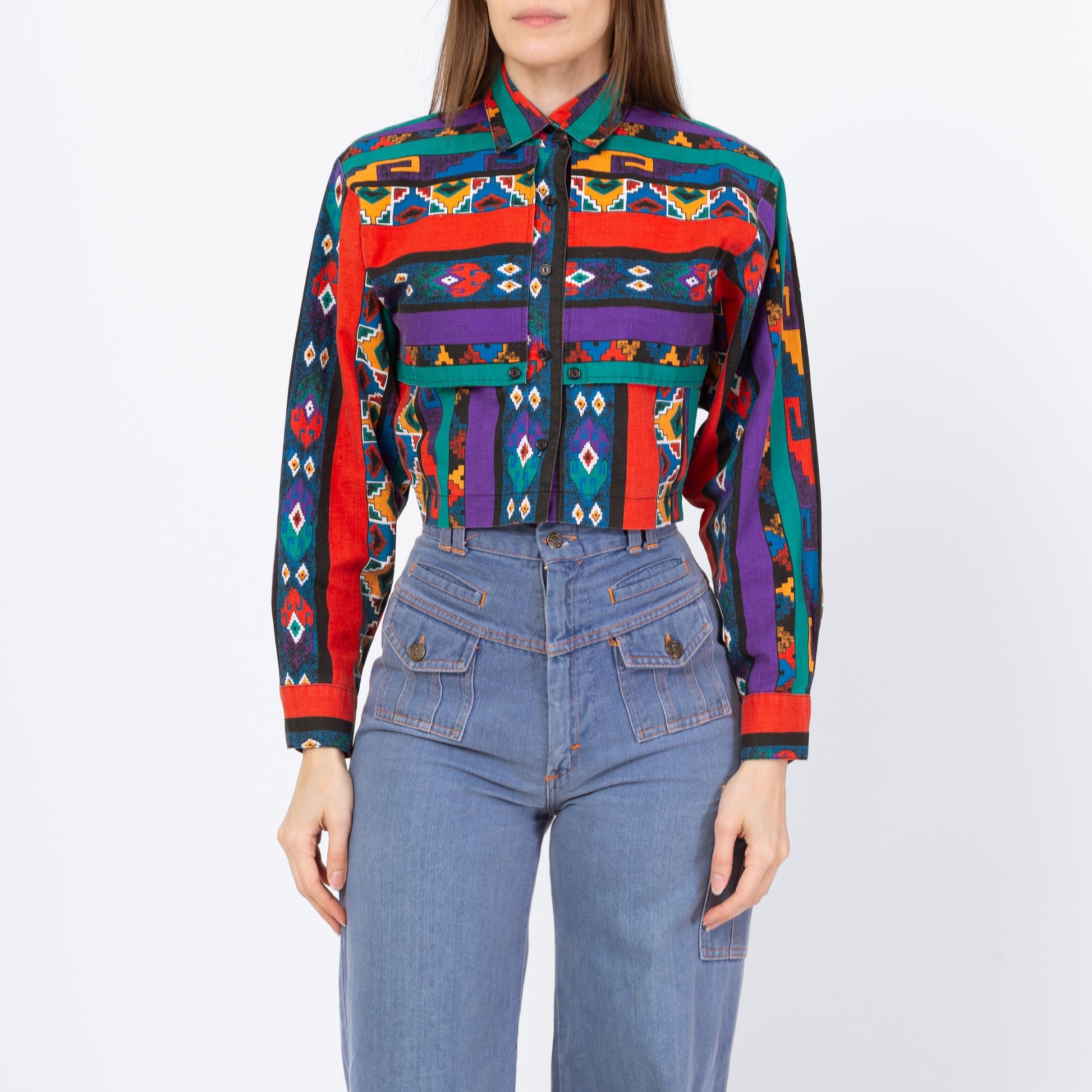 Vintage 90s Southwestern Striped Crop Top - Small | Banjo Texas Long Sleeve Collared Button Up Cropped Shirt