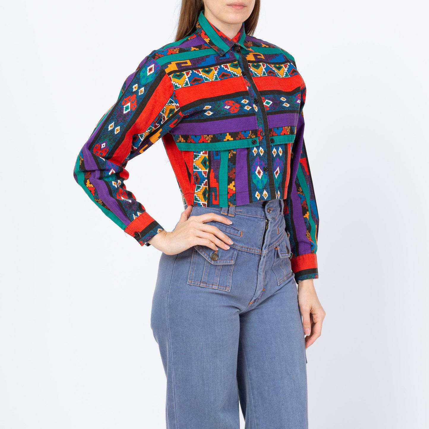 Vintage 90s Southwestern Striped Crop Top - Small | Banjo Texas Long Sleeve Collared Button Up Cropped Shirt