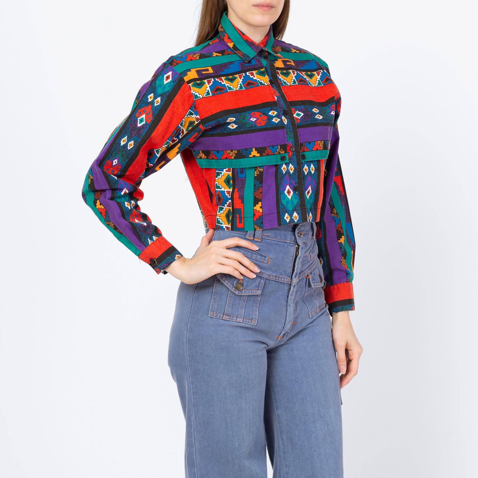 Vintage 90s Southwestern Striped Crop Top - Small | Banjo Texas Long Sleeve Collared Button Up Cropped Shirt