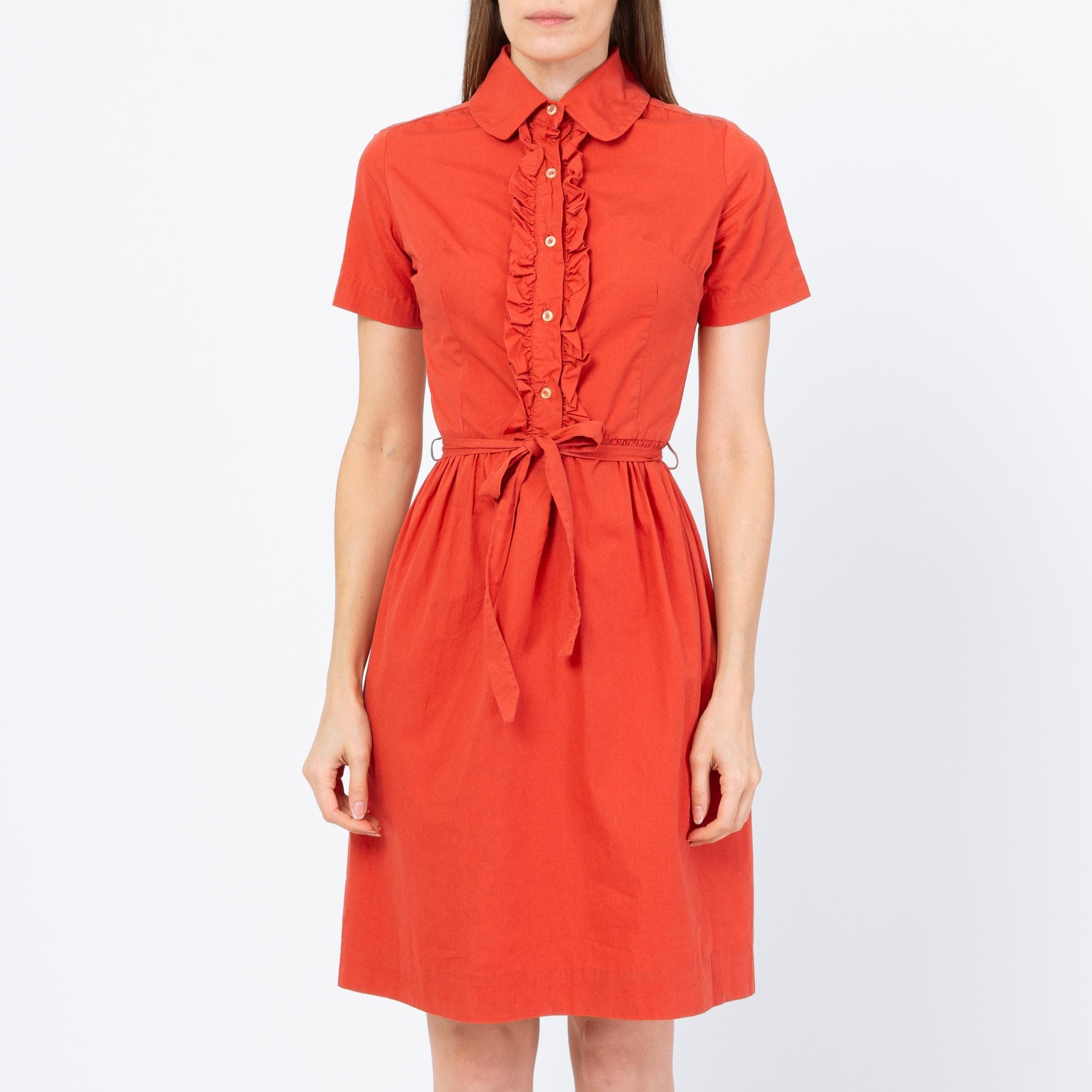 Vintage 50s 60s Salmon Pink Belted Shirtdress - Extra Small | Short Sleeve Ruffle Neck Button Up Mini Dress