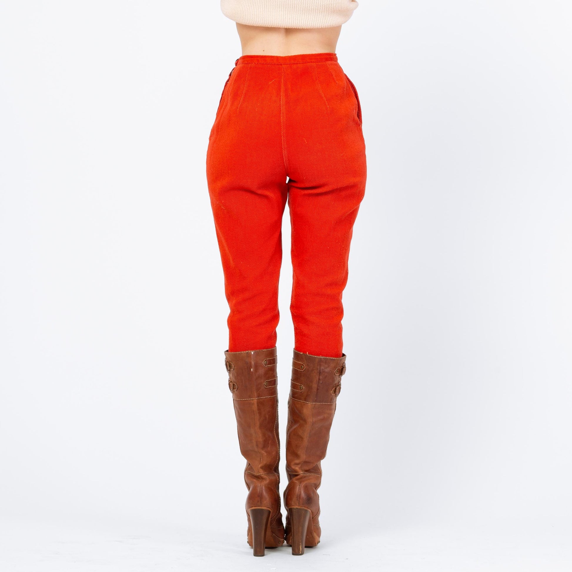 Vintage 50s Orange Twill Side Zip Cigarette Pants - Petite Small, 25.5" Waist | Retro 1950s Tapered Leg High Waisted Pedal Pusher Trousers