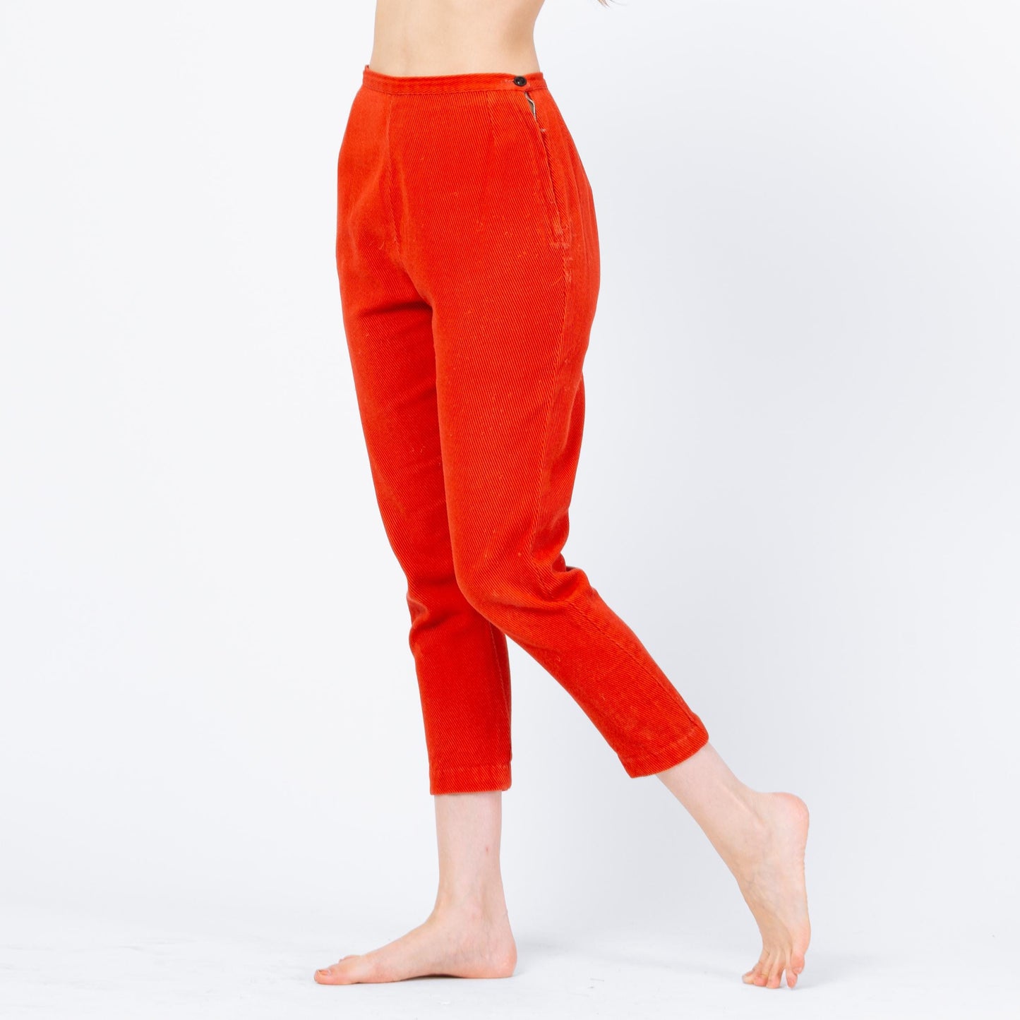 Vintage 50s Orange Twill Side Zip Cigarette Pants - Petite Small, 25.5" Waist | Retro 1950s Tapered Leg High Waisted Pedal Pusher Trousers