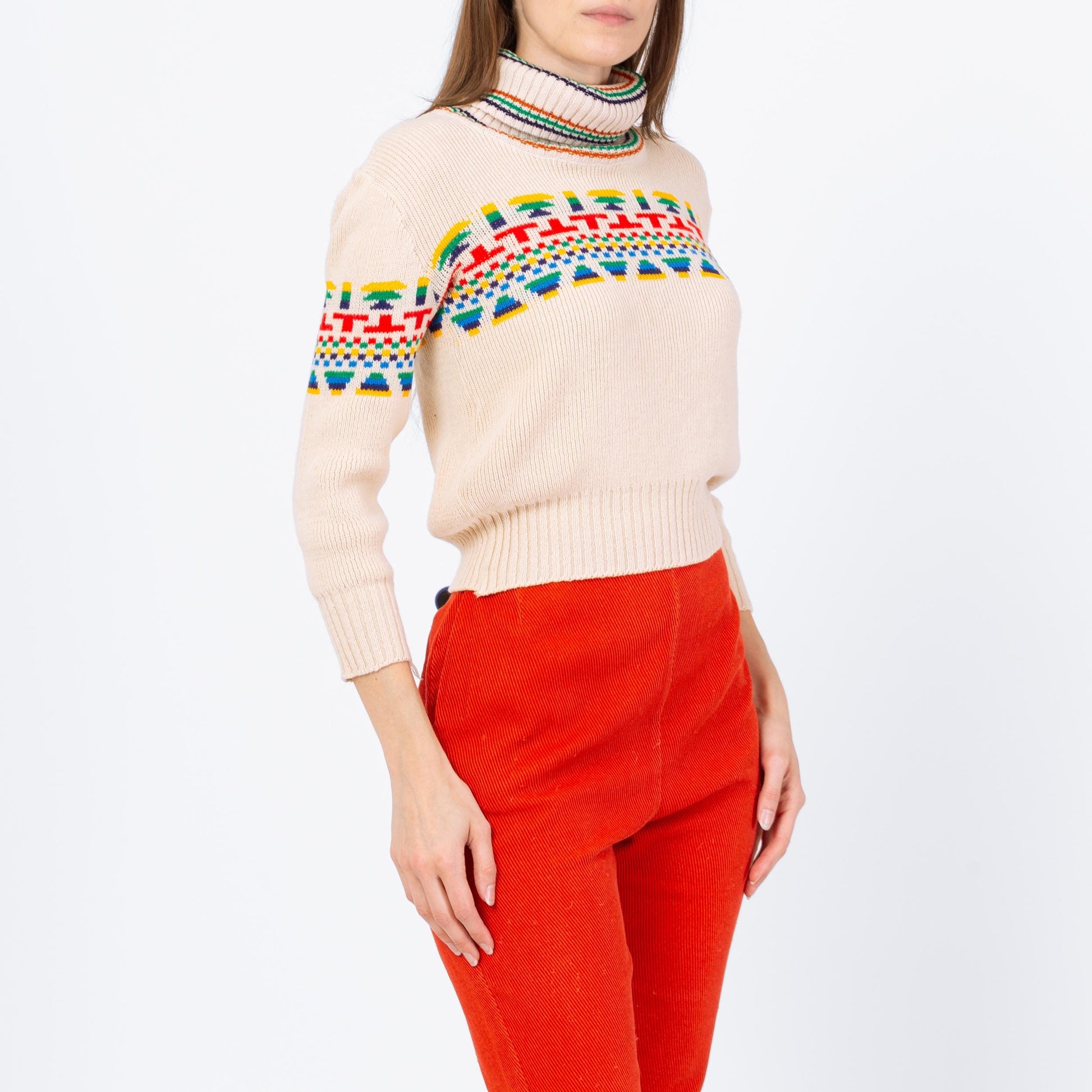 Vintage 70s Southwestern Striped Turtleneck Crop Top Sweater - Extra Small | Soft Cream Knit Cropped Pullover