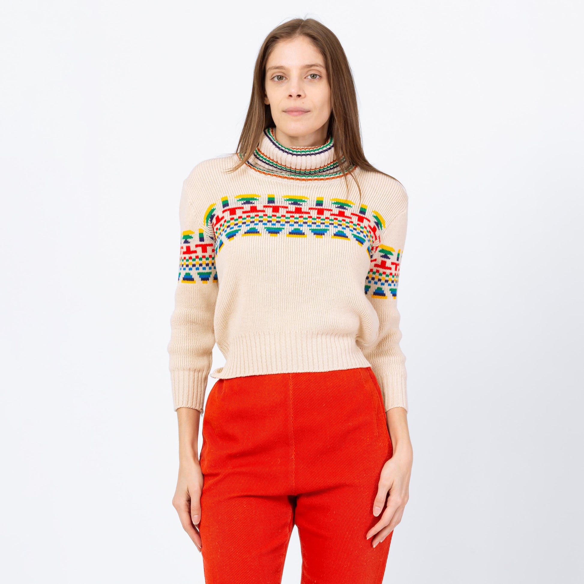 Vintage 70s Southwestern Striped Turtleneck Crop Top Sweater - Extra Small | Soft Cream Knit Cropped Pullover