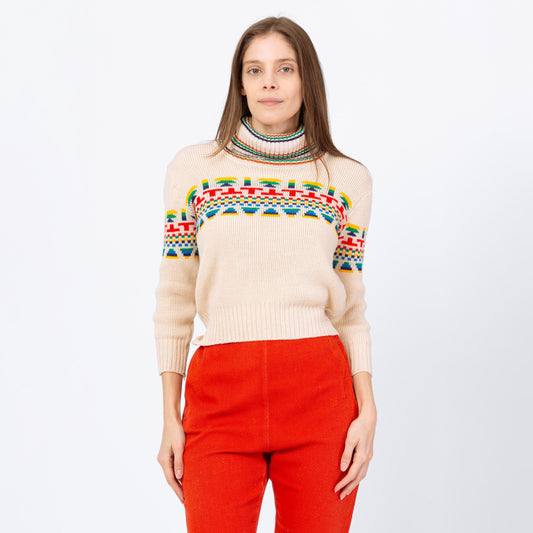 Vintage 70s Southwestern Striped Turtleneck Crop Top Sweater - Extra Small | Soft Cream Knit Cropped Pullover