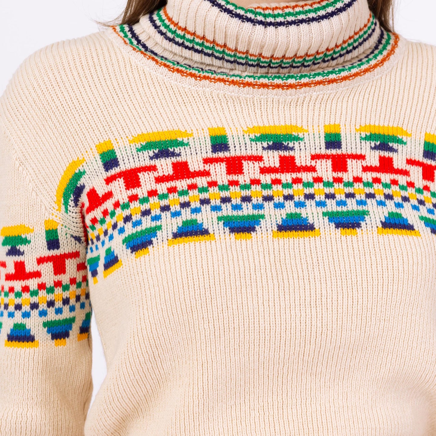 Vintage 70s Southwestern Striped Turtleneck Crop Top Sweater - Extra Small | Soft Cream Knit Cropped Pullover