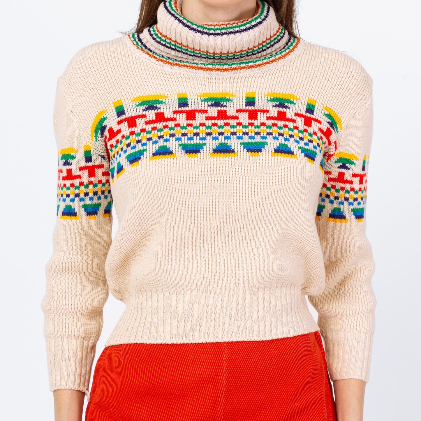 Vintage 70s Southwestern Striped Turtleneck Crop Top Sweater - Extra Small | Soft Cream Knit Cropped Pullover