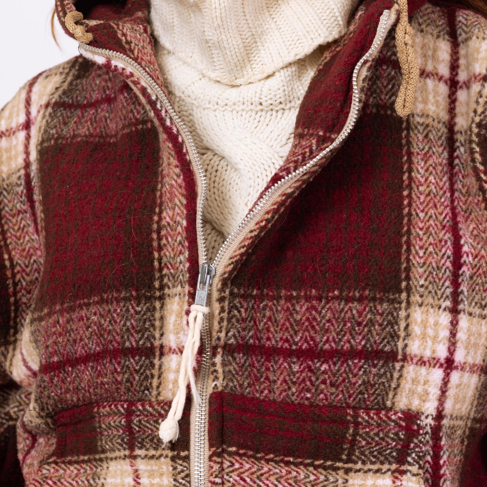Vintage 90s Red Plaid Hooded Blanket Coat - Large | Western Zip Up Cropped Hoodie Baja Jacket