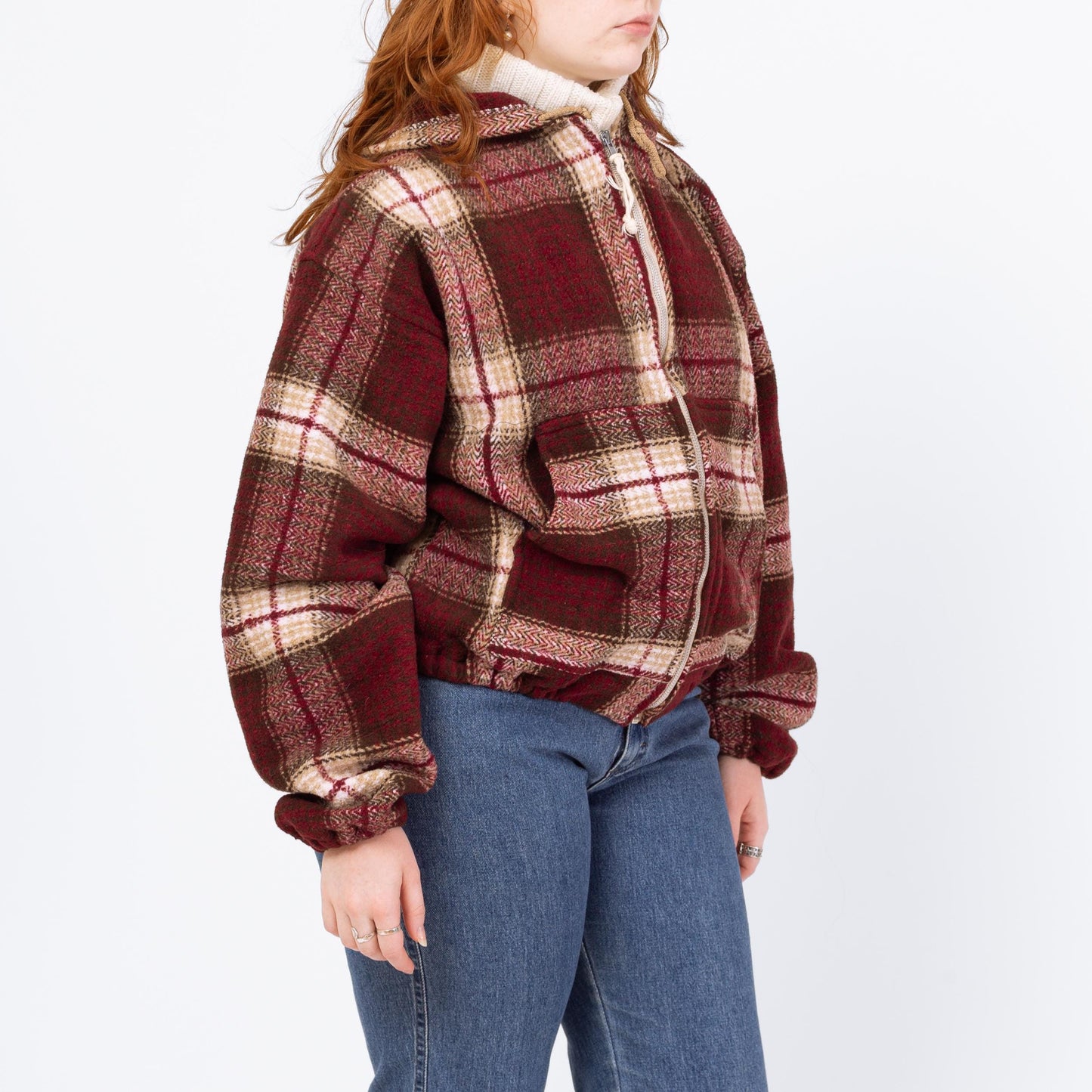 Vintage 90s Red Plaid Hooded Blanket Coat - Large | Western Zip Up Cropped Hoodie Baja Jacket