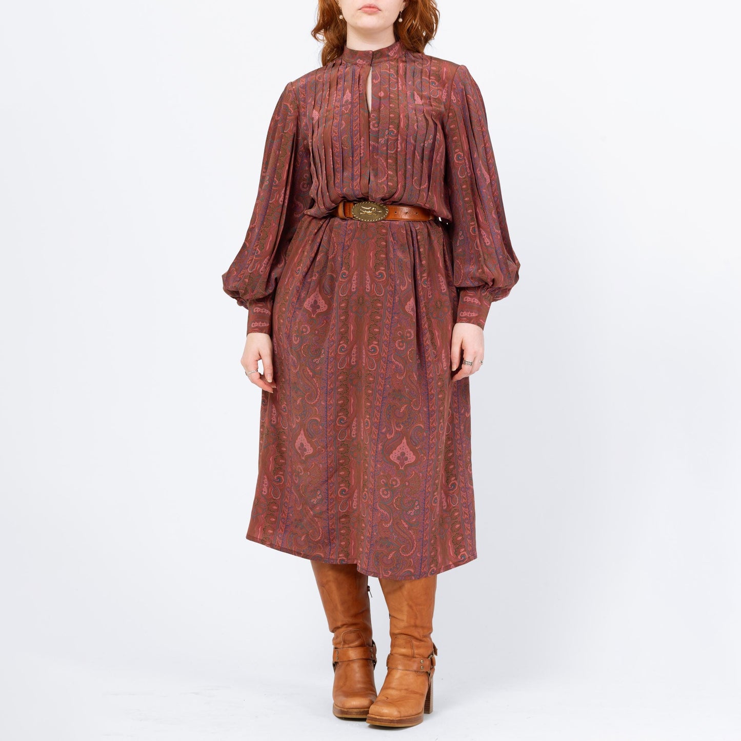 Vintage 90s Silk Paisley Balloon Sleeve Shirtdress - Medium