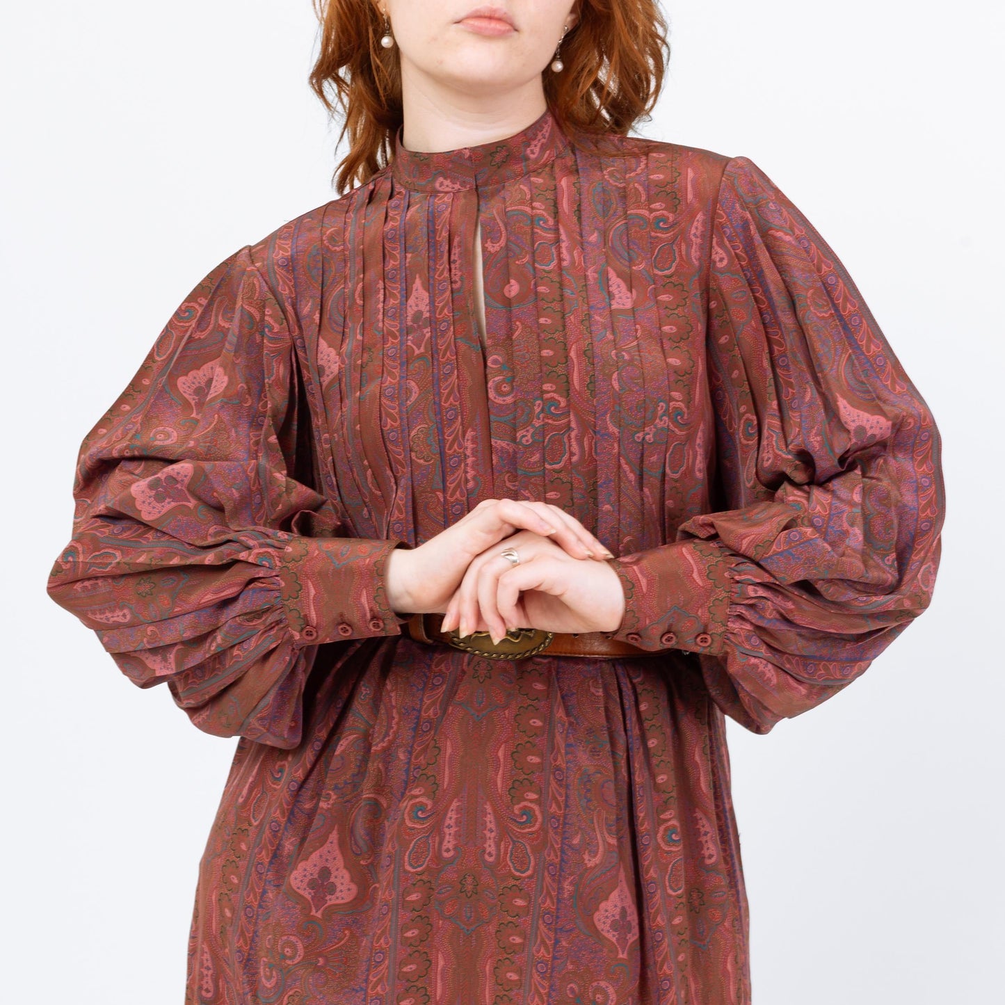 Vintage 90s Silk Paisley Balloon Sleeve Shirtdress - Medium