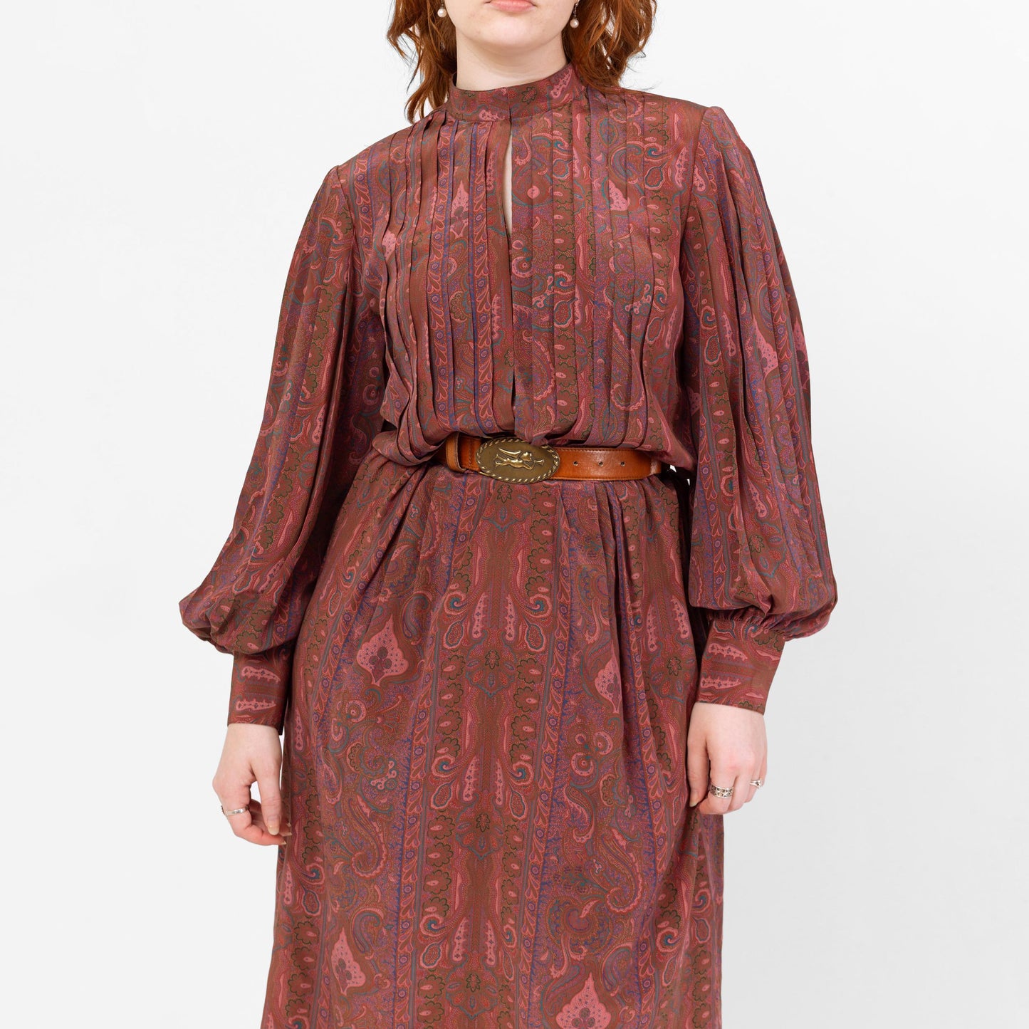Vintage 90s Silk Paisley Balloon Sleeve Shirtdress - Medium
