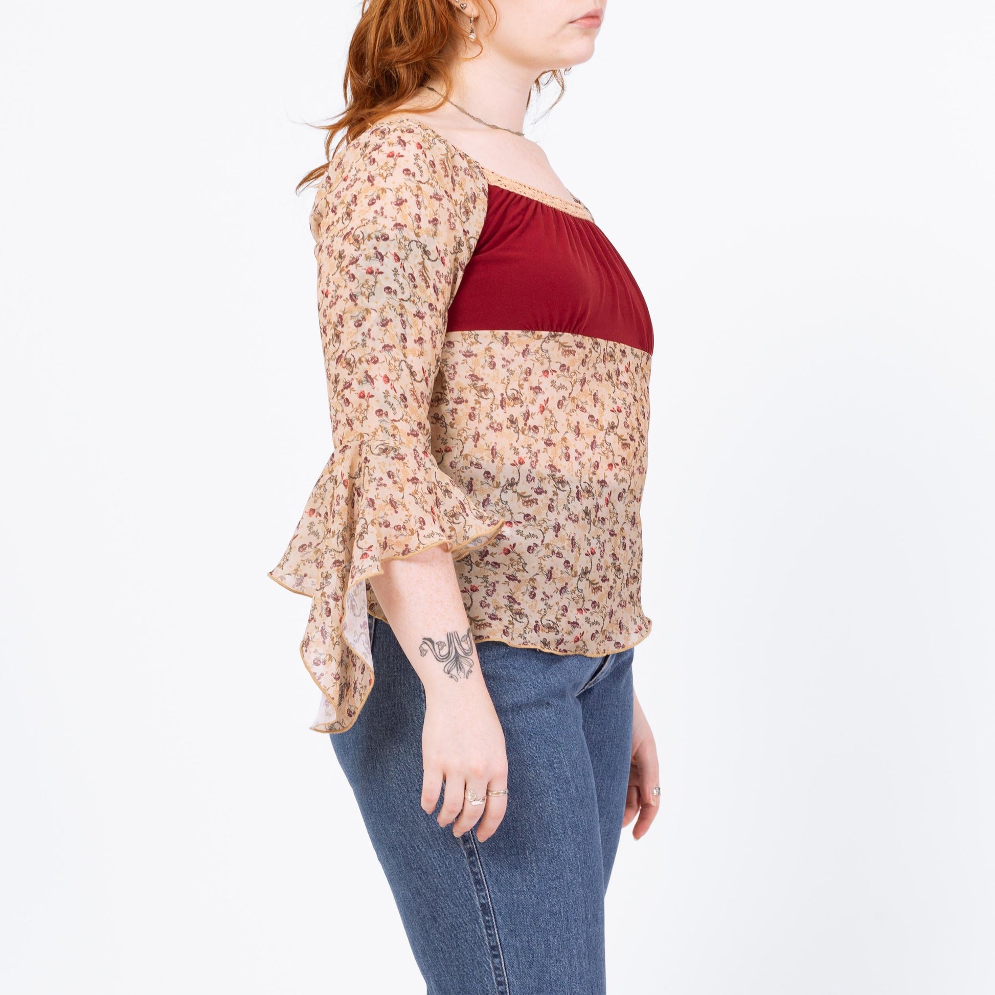 Vintage 90s Boho Bell Sleeve Renaissance Blouse - Medium | Romantic Sheer Sleeve Festival Top, Floral Babydoll Peasant Shirt