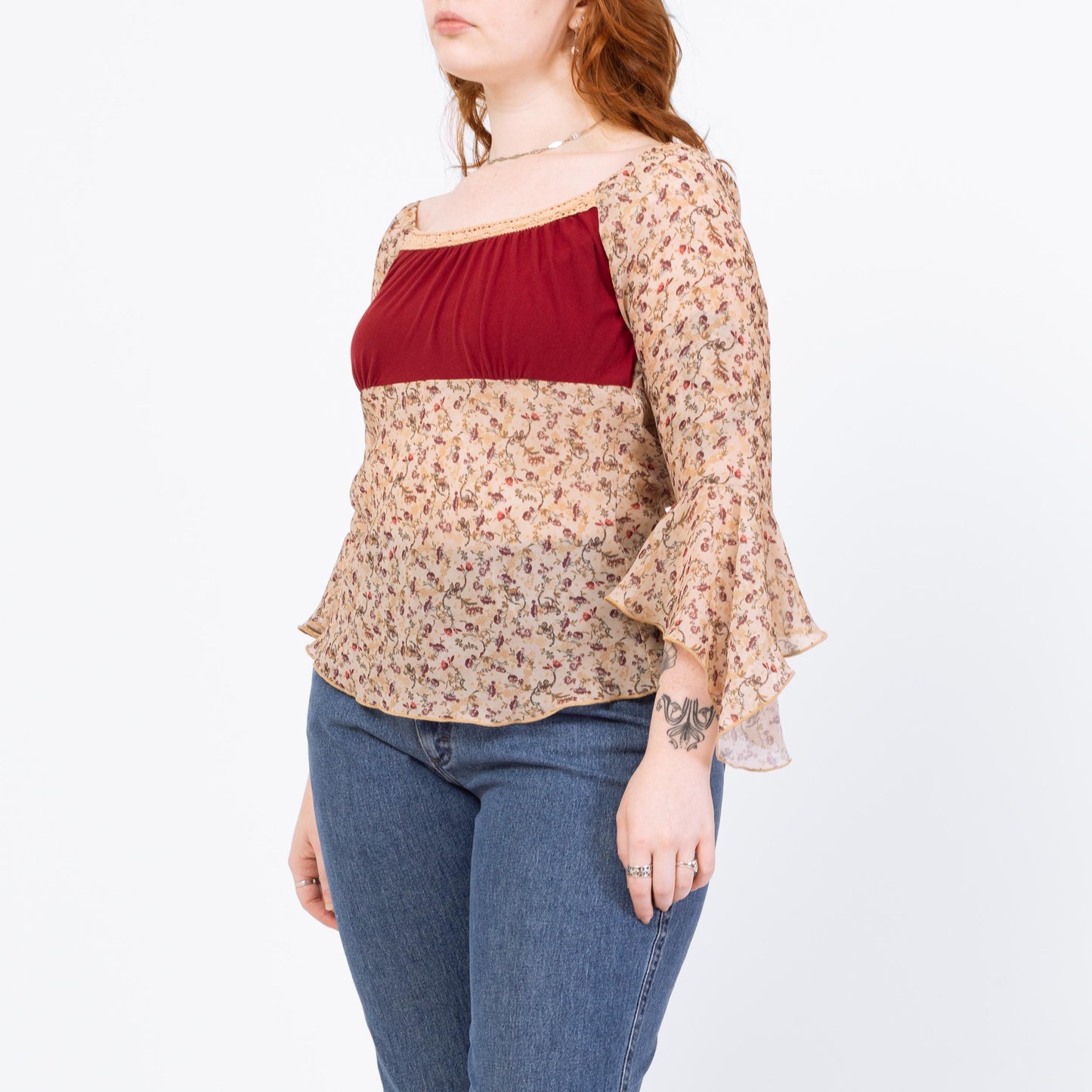 Vintage 90s Boho Bell Sleeve Renaissance Blouse - Medium | Romantic Sheer Sleeve Festival Top, Floral Babydoll Peasant Shirt