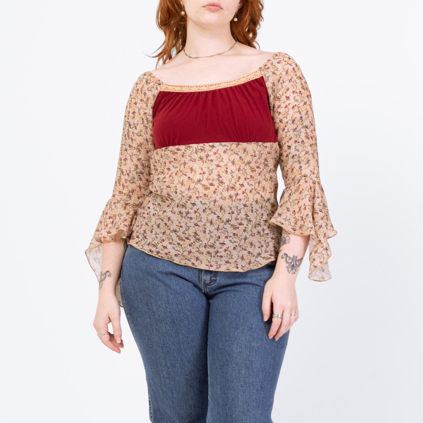 Vintage 90s Boho Bell Sleeve Renaissance Blouse - Medium | Romantic Sheer Sleeve Festival Top, Floral Babydoll Peasant Shirt