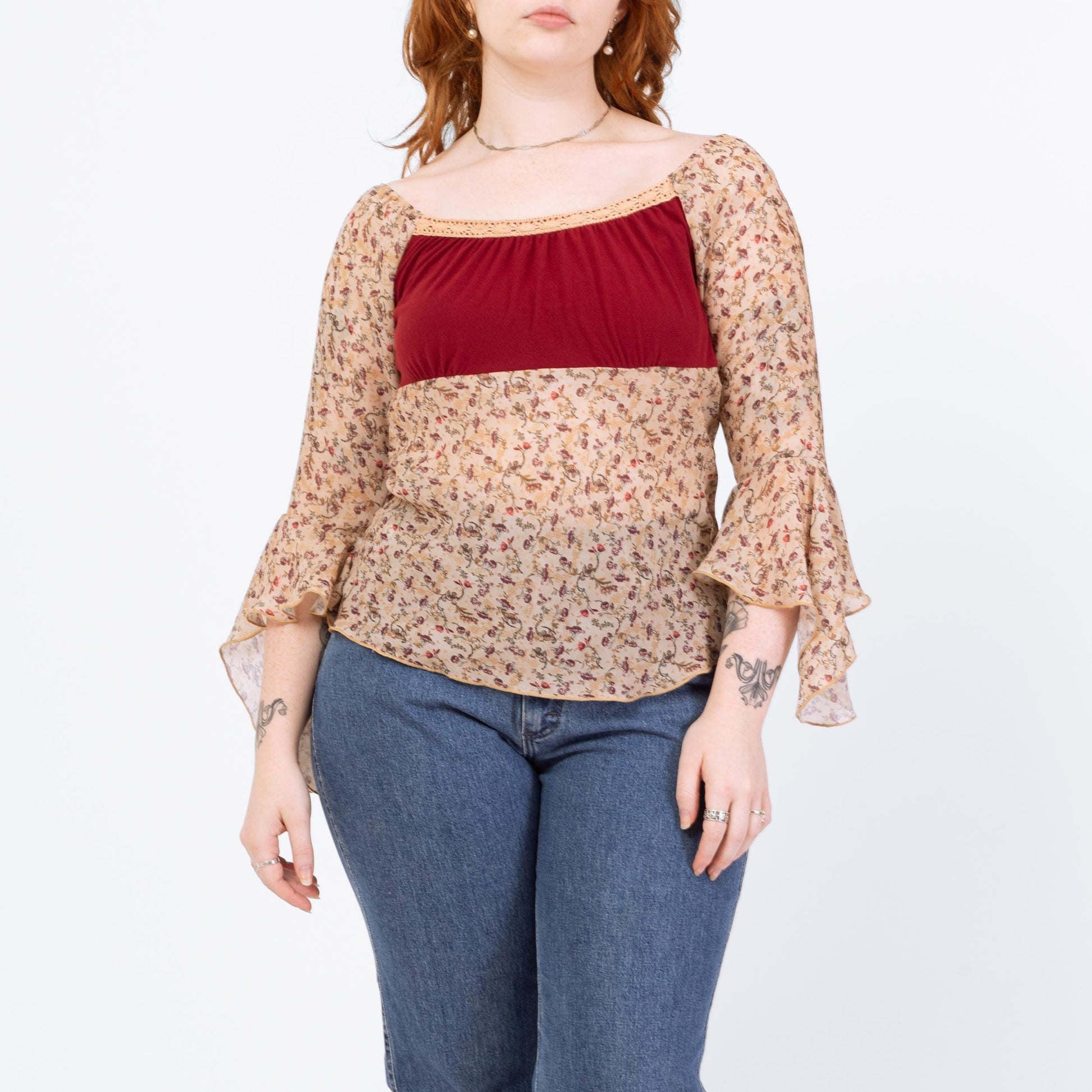 Vintage 90s Boho Bell Sleeve Renaissance Blouse - Medium | Romantic Sheer Sleeve Festival Top, Floral Babydoll Peasant Shirt