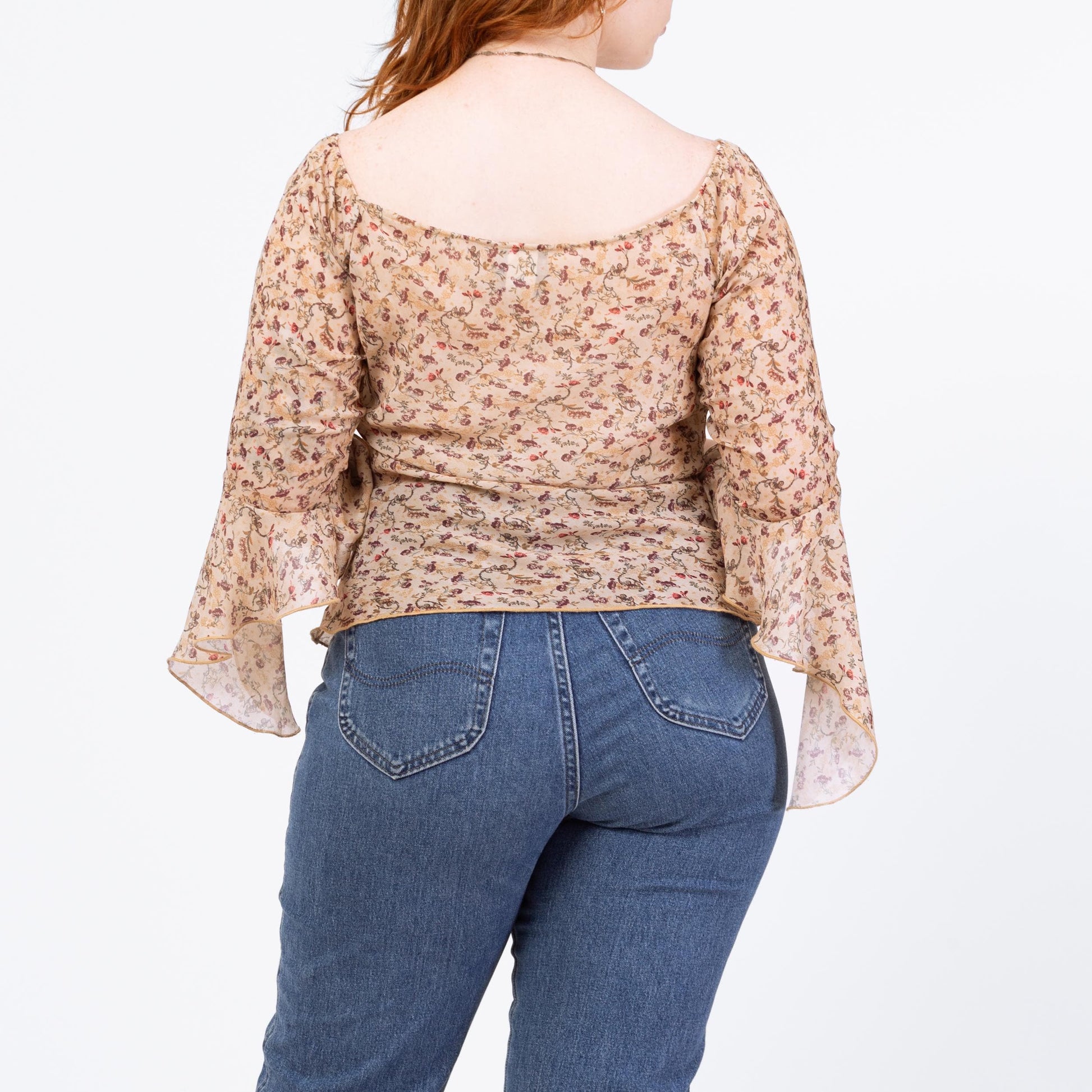 Vintage 90s Boho Bell Sleeve Renaissance Blouse - Medium | Romantic Sheer Sleeve Festival Top, Floral Babydoll Peasant Shirt