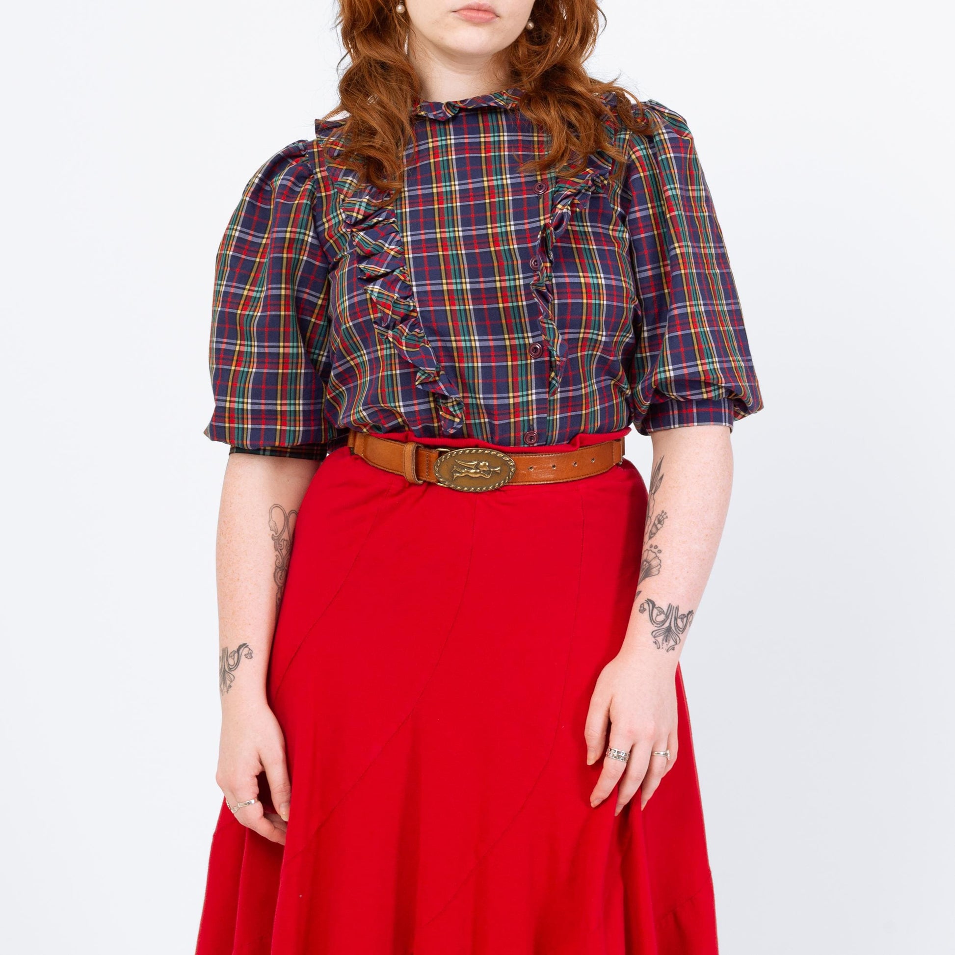 Vintage 70s Plaid Puff Sleeve Blouse - Medium | Prairie Ruffle Collar Button Up Top