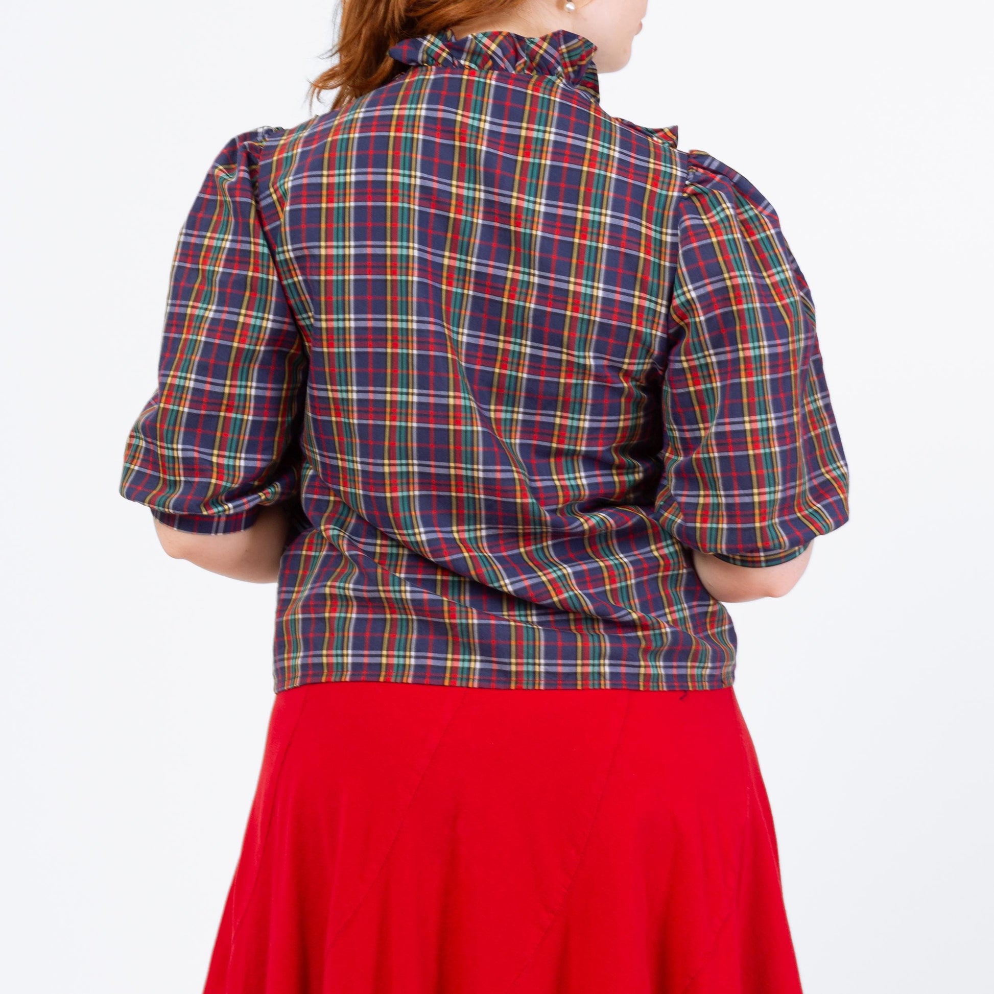 Vintage 70s Plaid Puff Sleeve Blouse - Medium | Prairie Ruffle Collar Button Up Top