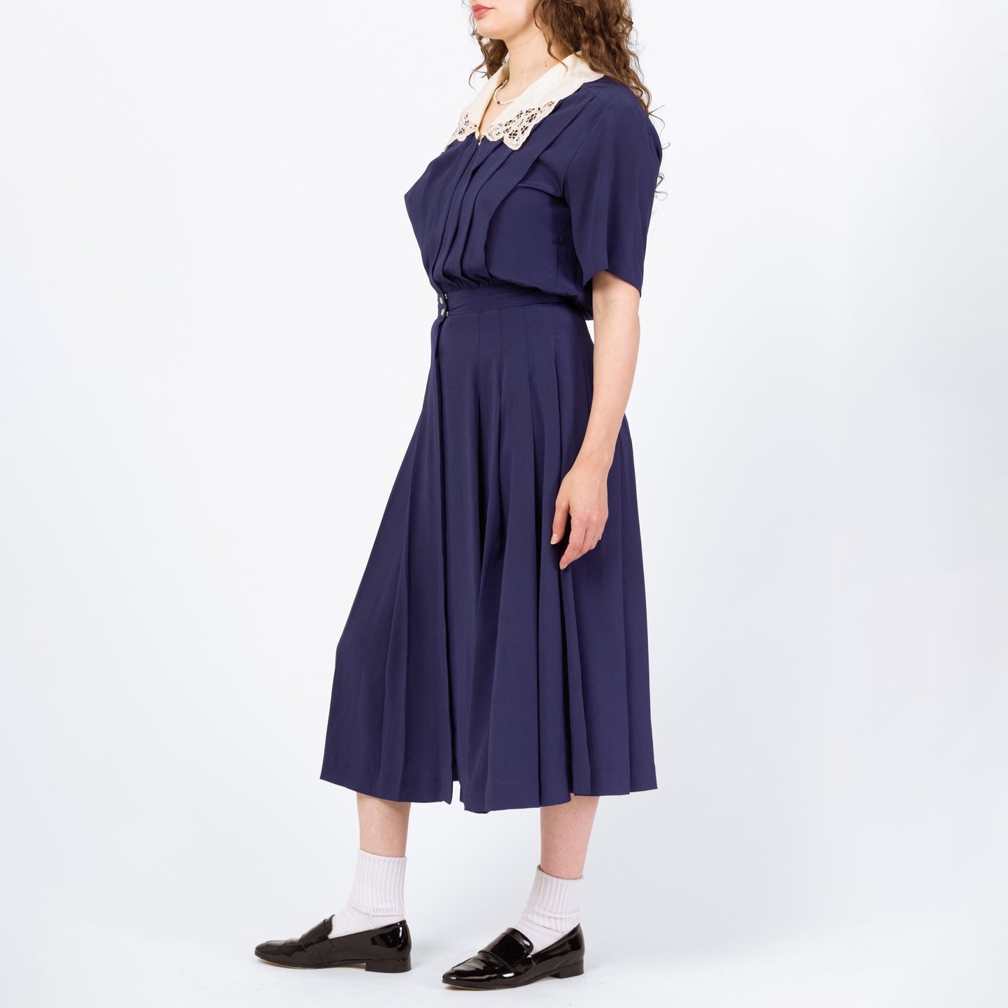 Vintage 90s Navy Blue Lace Collar Blouson Shirtdress - Medium