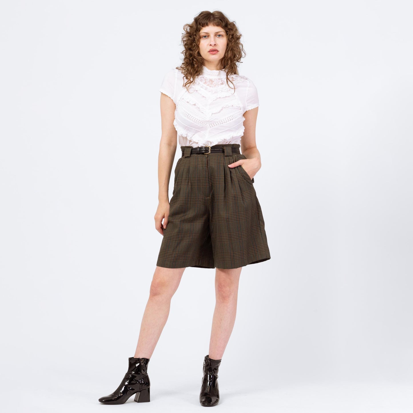 Vintage 90s Olive Green Plaid Trouser Shorts - Medium, 28"-29" Waist