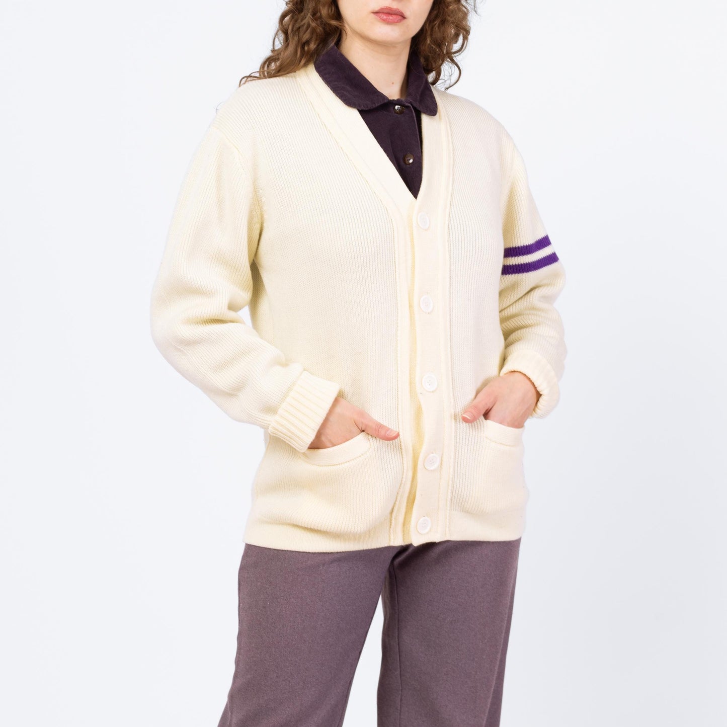 Vintage 80s Does 50s Cream Knit Varsity Cardigan - Medium