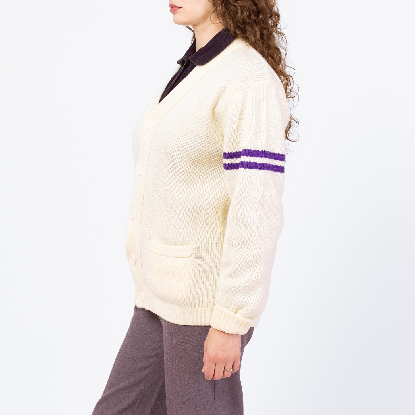 Vintage 80s Does 50s Cream Knit Varsity Cardigan - Medium