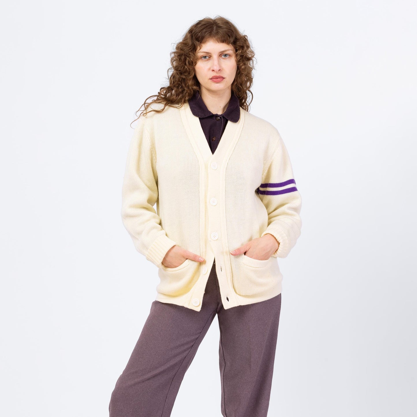 Vintage 80s Does 50s Cream Knit Varsity Cardigan - Medium