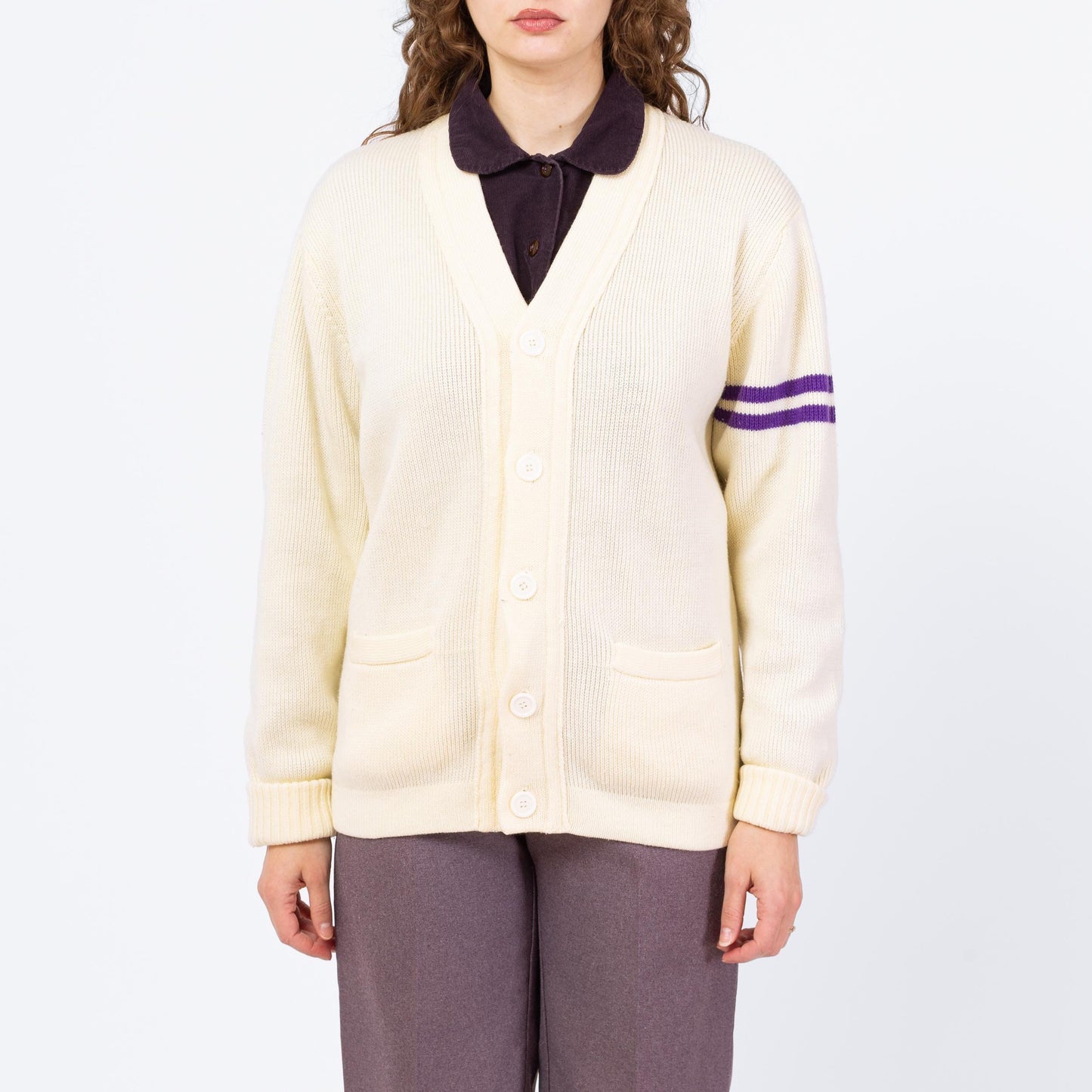 Vintage 80s Does 50s Cream Knit Varsity Cardigan - Medium