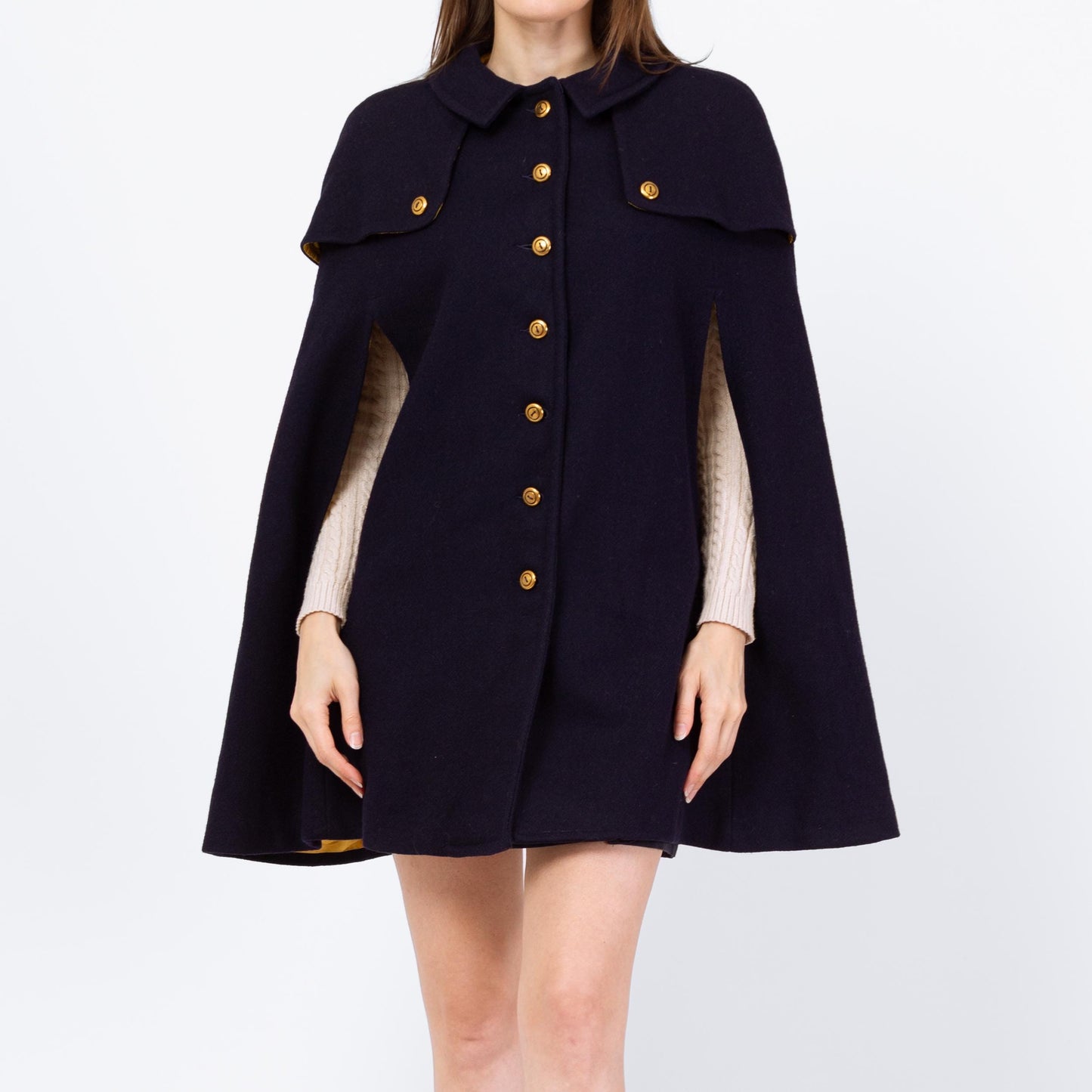 Vintage 60s Mod Navy Blue Wool Cape - Small