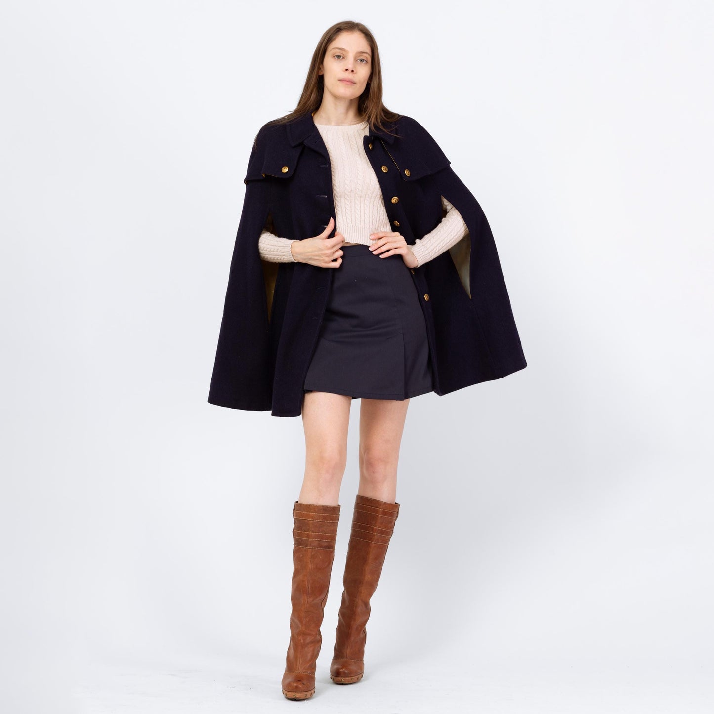 Vintage 60s Mod Navy Blue Wool Cape - Small