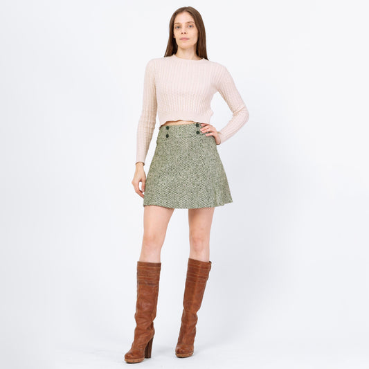Vintage 70s Mod Green Tweed Mini Skirt - Extra Small, 24" Waist