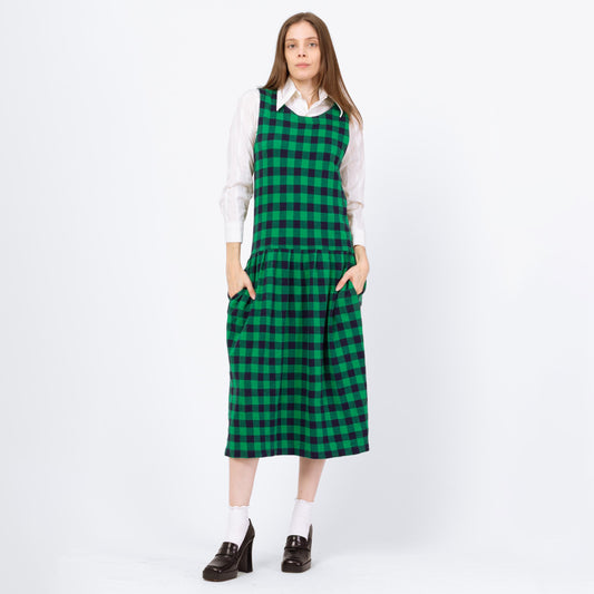 Vintage 90s Izod Green Gingham Pinafore Midi Dress - Small