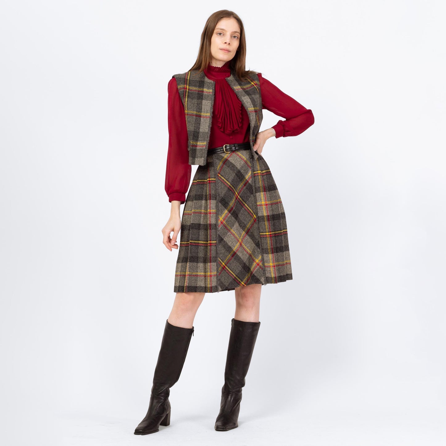 Vintage 60s Preppy Plaid Mini Skirt & Vest Set - Extra Small