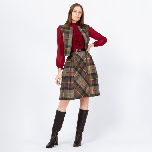Vintage 60s Preppy Plaid Mini Skirt & Vest Set - Extra Small