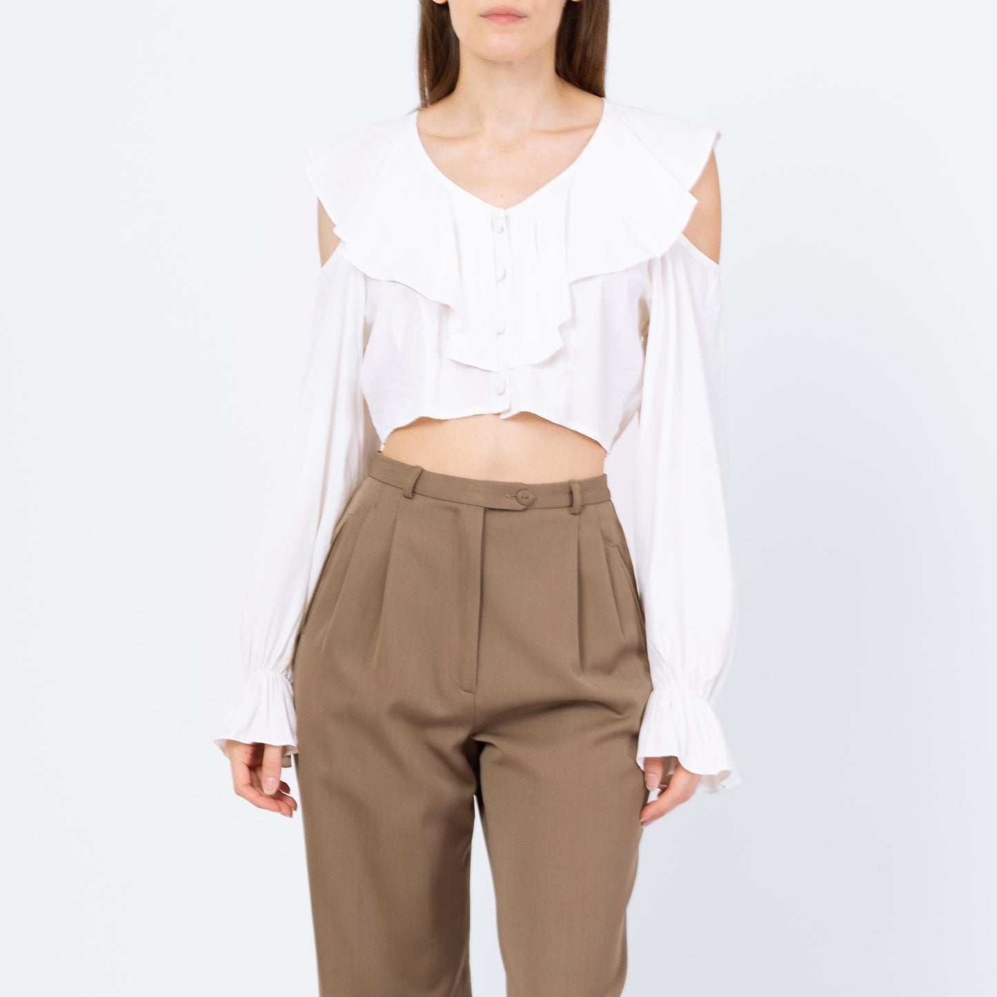 Vintage 80s White Cold Shoulder Crop Top - Small