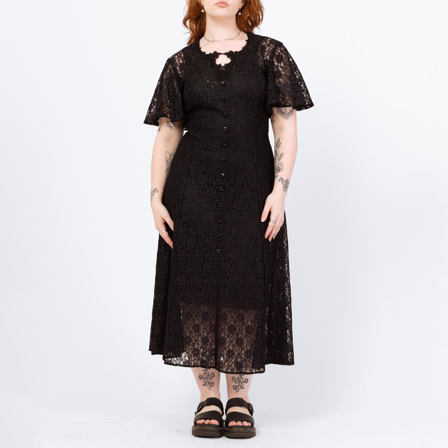 Vintage 90s Gothic Sheer Black Lace Maxi Dress - Extra Large