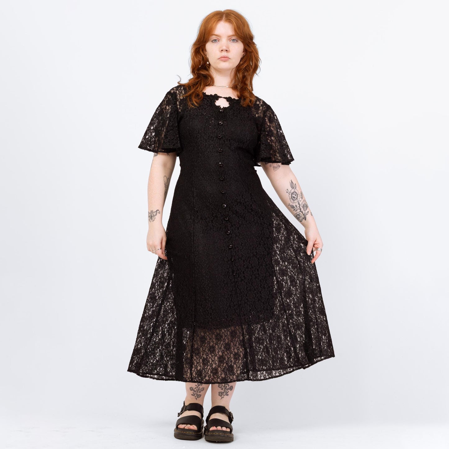 Vintage 90s Gothic Sheer Black Lace Maxi Dress - Extra Large