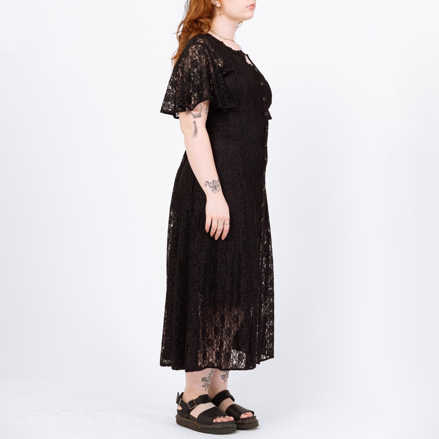 Vintage 90s Gothic Sheer Black Lace Maxi Dress - Extra Large