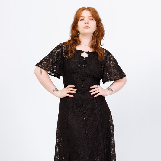 Vintage 90s Gothic Sheer Black Lace Maxi Dress - Extra Large